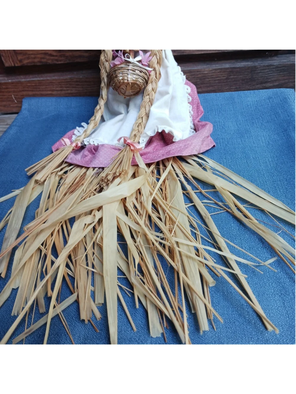 VTG Cottagecore Straw Doll Pink Calico Braids Basket 16
